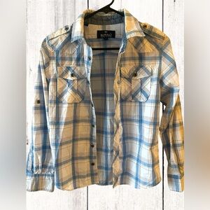 Buffalo by David Bitton Shirt Boys Medium Plaid Blue White Long Sleeve Button Up